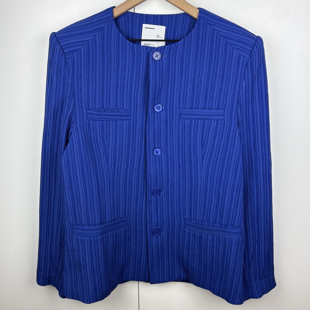 ROARINGWILD Pleated Plisse Textured Cobalt Blue Button Front Jacket Streetwear